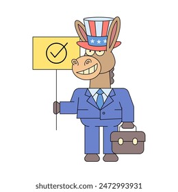 Donkey democrat holding check mark sign. Vector Illustration