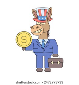 Donkey democrat holding dollar coin and smiles. Vector Illustration