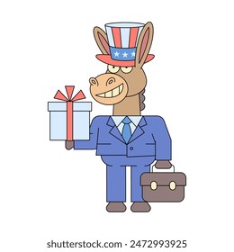 Donkey democrat holding gift box and smiles. Vector Illustration