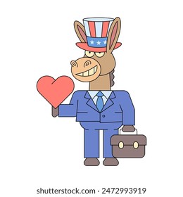 Donkey democrat holding heart and smiles. Vector Illustration