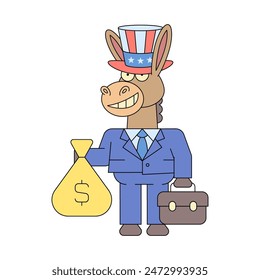 Donkey democrat holding money bag and smiles. Vector Illustration