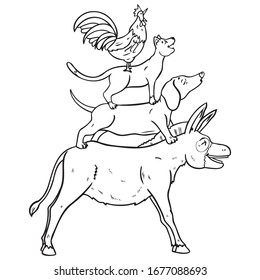 Donkey, dog, cat, rooster stand on top of each other and sing. story, coloring book, monochrome.