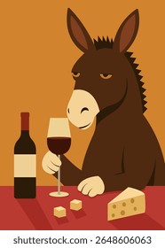 Donkey Drinking Wine with Cheese Minimalist Cartoon Illustration