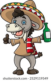 Donkey drunk holding bottle and wearing sombrero hat, cartoon character of illustration