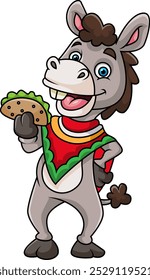 Burro comiendo taco y usando poncho, personaje de dibujos animados de la ilustración