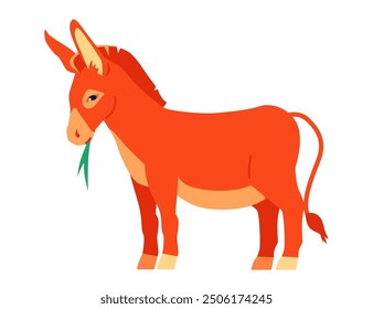 The donkey eats grass - flat design style single isolated image. Neat detailed illustration of farm animal that looks like a small horse. Assistant in the village, the fauna of rural life idea