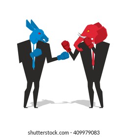 Donkey and elephant are boxing. Democrat and Republican fight. Businessmen combat in business suit and boxing gloves. Battle donkey and elephant. Allegory political parties America. USA Elections