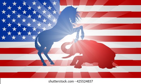 A donkey and elephant fighting in silhouette, with the donkey or jackass winning, concept for the presidential election or politics in general