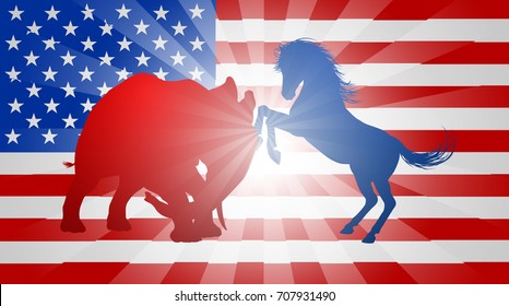 A donkey and elephant fighting in silhouette.  Mascot animals of American democratic and republican parties, concept for the presidential election or politics in general
