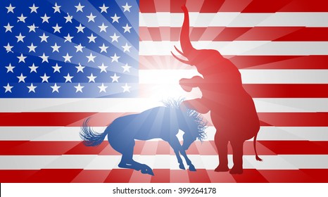 A donkey and elephant fighting in silhouette, with the elephant winning, symbols of American democratic and republican parties, concept for the presidential election or politics in general
