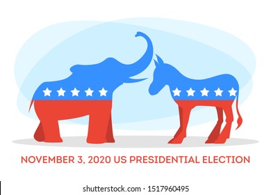 Donkey and elephant, political party in the USA. Democrat against republican. Isolated vector illustration in cartoon style