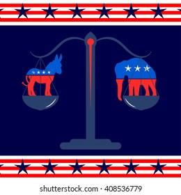 The donkey and the elephant in the scales. Democratic and Republican party symbols. The Presidential election in US. Vector illustration.