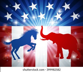 A donkey and elephant in silhouette attacking at each other. Mascot animals of American democratic and republican parties, concept for the presidential election debate or politics in general