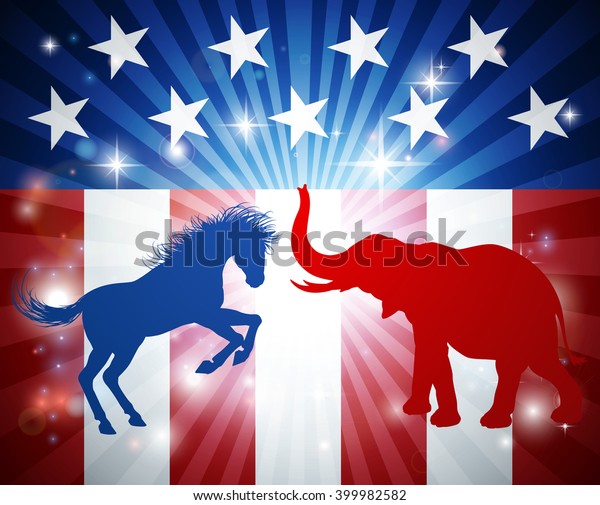 A\
donkey and elephant in silhouette attacking at each other. Mascot\
animals of American democratic and republican parties, concept for\
the presidential election debate or politics in\
general