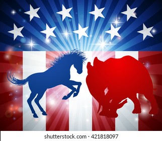 A donkey and elephant in silhouette charging at each other. Mascot animals of American democratic and republican parties, concept for the presidential election debate or politics in general