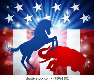 Donkey and elephant in silhouette fighting each other.