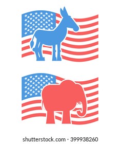 Donkey and elephant symbols of political parties in America. USA elections. Democrats against Republicans. Opposition to American policy. United States symbol of governmental debate