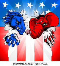 Donkey and elephant tearing through the background. American politics election concept with animal mascots of the democrat and republican political parties