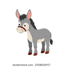 Donkey. Farm animal. Flat illustration of cartoon grey cute donkey isolated on white background.