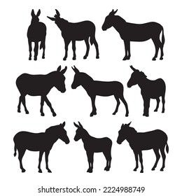 Donkey farm animal silhouette, set stencil templates svg