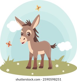 Donkey. Farm animals with landscape - cardboard vector illustration