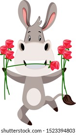 Donkey with flowers, illustration, vector on white background.