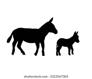 Silhouette de burro y de potro. El bebé de burro es un animal de granja de mamíferos. El símbolo vector vive en un rancho.