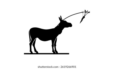 Donkey Following Carrot, black isolated silhouette