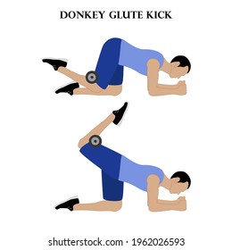 Donkey glute kick exercise strength workout illustration on the white background. Vector illustration