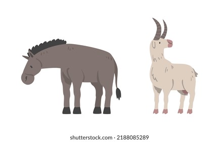 Donkey and Goat as Hoofed Mammal and Farm Animal Vector Set