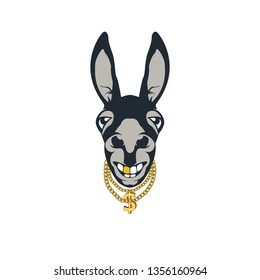 donkey with gold chain and gold tooth. Colored print for t-shirt and another, trendy apparel design. Vector illustrations  