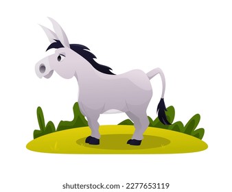 Donkey Grazing in the Meadow. Cute Farm Animal. Vector Illustration in Cartoon Style.