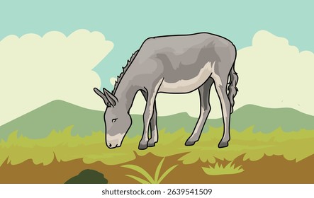 donkey grazing on the green grass
