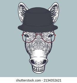 Donkey hand drawn wearing a red glasses and bucket hat for your company or brand