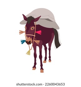 Donkey with Harness Standing with Heavy Crop Sacks on Its Back Vector Illustration