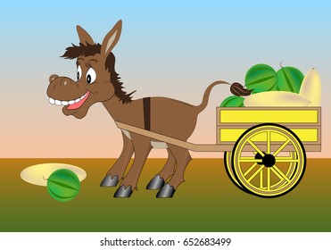 The donkey is harnessed to a cart full of melons and watermelons