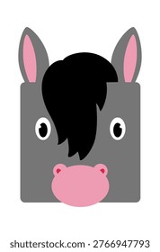 Donkey head closeup with square muzzle, big ear, round eye, and shaggy forelock in bold shapes. Symbol of stubbornness, farm life, mascot, and humor for kid branding. Cartoon vector illustration.