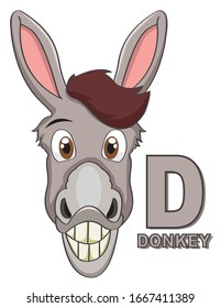 Donkey head. D letter. Cute children animal alphabet in vector. Funny cartoon animals. Vector illustration