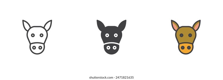 Donkey head different style icon set. Line, glyph and filled outline colorful version, outline and filled vector sign. Symbol, logo illustration. Vector graphics