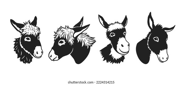 
Siluetas de burro. Conjunto monocromo del vector. Realistas retratos animales aislados.