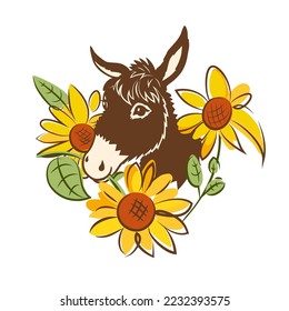 
Donkey head and sunflowers. Hand drawn vector drawing.  Color isolated image. Farm animals.
