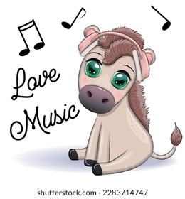 Donkey in headphones listens to music. I love music, cute character.