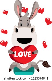 Burro con corazón, ilustración, vector sobre fondo blanco.