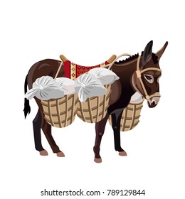 Donkey with a heavy load. Vector illustration isolated on the white background