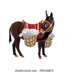 Donkey with a heavy load. Vector illustration isolated on the white background