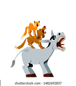 Donkey Heehawing. And Dog and Cat. Bremen Town Musicians. White Background Isolated.