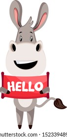 Donkey mit Hallo-Zeichen, Illustration, Vektorgrafik auf weißem Hintergrund.