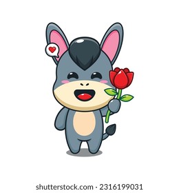 donkey holding rose flower cartoon vector illustration.