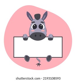 Burro con una pancarta blanca. Ilustración vectorial dibujada a mano con fondo rosado. Plantilla de tarjeta modificable.