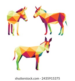 Donkey Horse Colorful Polygonal low Poly Set. Collection of Donkey in Colorful Abstract Vector. Donkey Colorful Logo Set